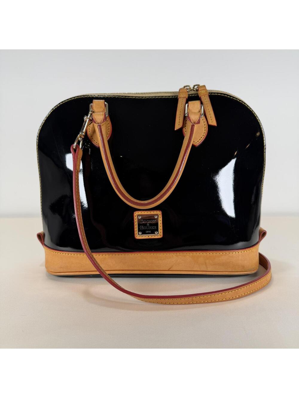 Dooney & Bourke Zip Satchel PV343 Black Patent Leather with Red Interior - Picture 6 of 9